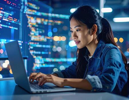 Tech wizard engrossed in coding, woman is hunched over sleek laptop, crafting lines of code with focus and determination in modern office setting photo