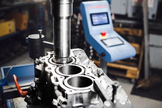 Service Boring under the piston after engine sleeve using machine with Computer Numerical Control. Engine cylinder boring on cnc machine. photo