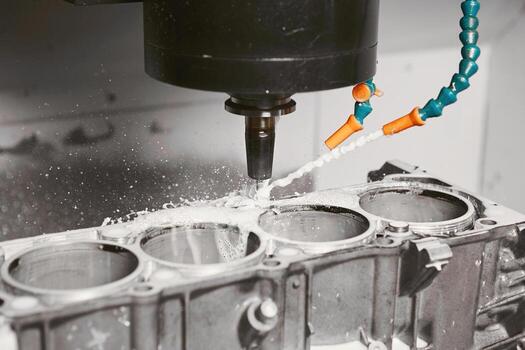 CNC milling machine grinds holes in car engine with coolant. Process of setting up engine cylinder blocks on a numerically controlled machine. photo