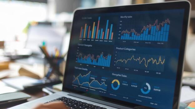 Data analysis displayed on a laptop screen in a modern workspace. photo