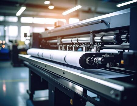 Closeup view of printing press machine showcasing high fidelity and precision in operation, with paper being processed in modern industrial setting photo