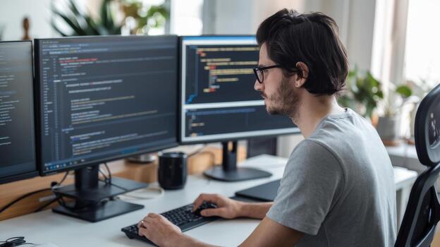 Young man coding on multiple monitors in a modern office environment. photo
