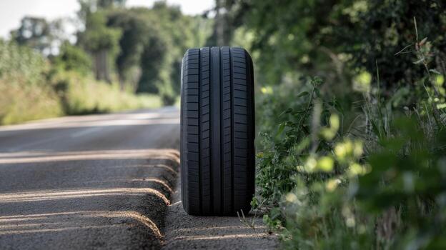 A single tire resting on the roadside, surrounded by greenery. photo