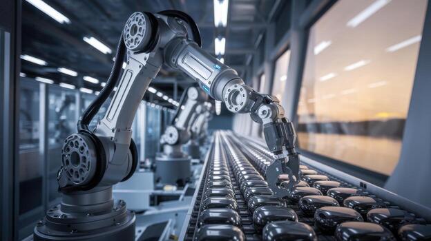 Industrial robotic arm assembling products on a production line. photo