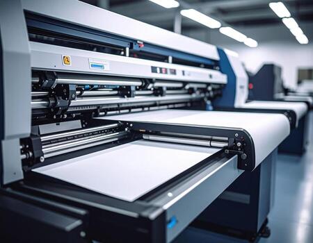 High fidelity printing press machine with closeup view showcasing its advanced features and technology. machine is designed for high quality printing, emphasizing precision and efficiency photo