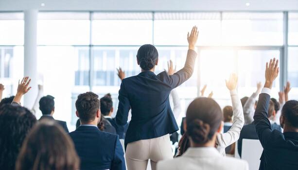 Business conference hall filled with engaged attendees raising their hands, eager to participate and ask questions. atmosphere is vibrant and interactive, showcasing dynamic exchange of ideas photo