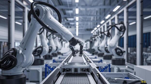 industrial robot brazo trabajando en un moderno fabricación instalación, automatizado proceso. foto