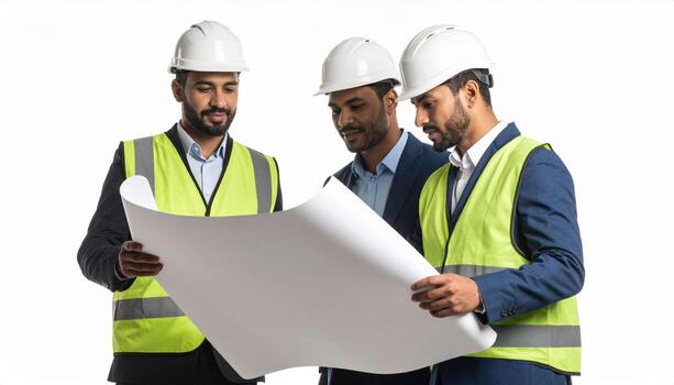 Construction professionals in safety vests and hard hats examine blueprints, showcasing teamwork and planning in project. Their focused expressions reflect dedication and collaboration photo