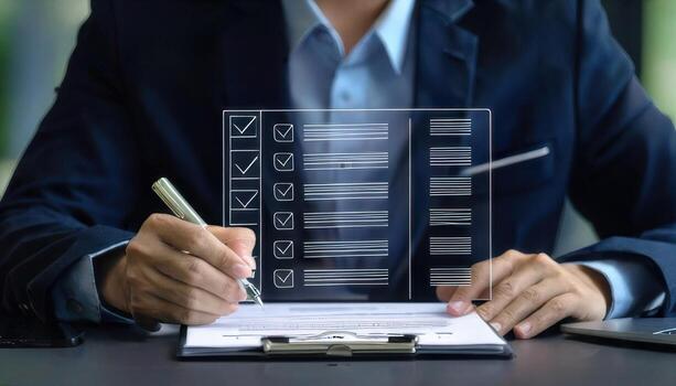 Businessman writing on a checklist on a tablet photo