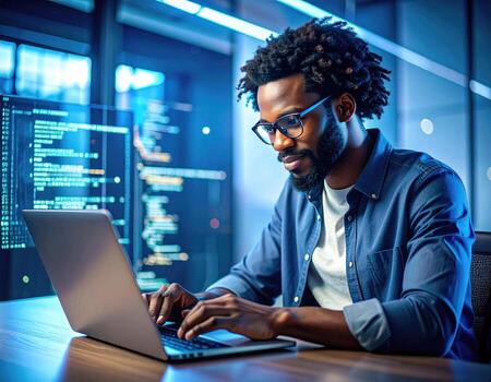 tecnología mago absorto en codificación, encorvado terminado pulcro computadora portátil, elaboración líneas de código en moderno oficina ajuste. atmósfera es enfocado y alto tecnología foto