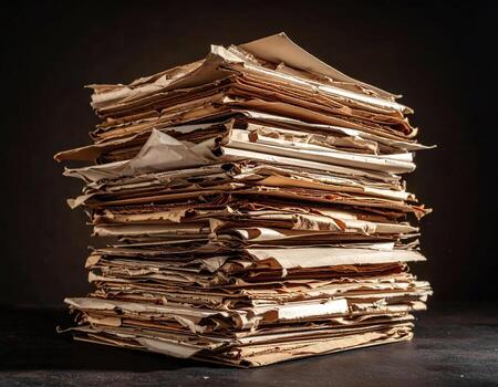 Large stack of crumpled and old paper documents on dark background, evoking sense of nostalgia and history. textures and layers of papers create visually interesting composition photo