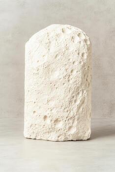 A textured lunar surface stone standing on a flat plain with a muted background reflecting space exploration and cosmic discovery. photo