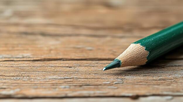 Green pencil tip on aged wood texture surface, a tool for ideas and expression. photo