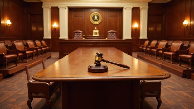 The scene shows a wood paneled room with rows of leather chairs. At the front is a table with a gavel on top. photo