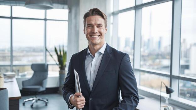 Confident businessman in modern office with city view and smiling expression. photo