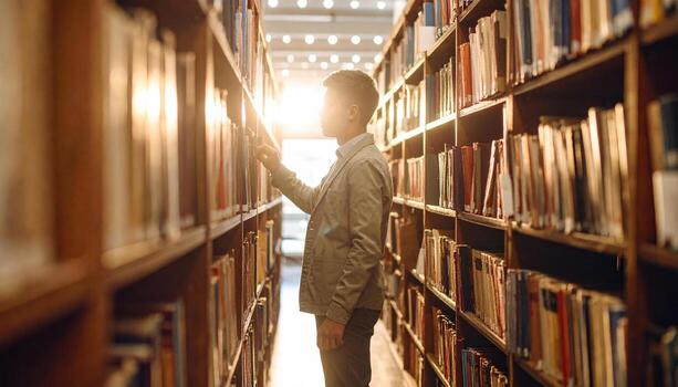 Student explores library, surrounded by tall shelves filled with books, as sunlight streams through windows, creating warm and inviting atmosphere photo