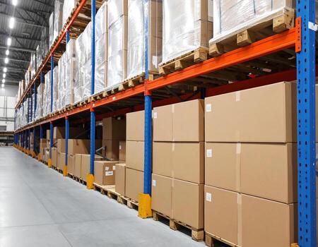 Cardboard boxes stacked in distribution warehouse, organized on shelves, creating structured and efficient storage environment photo