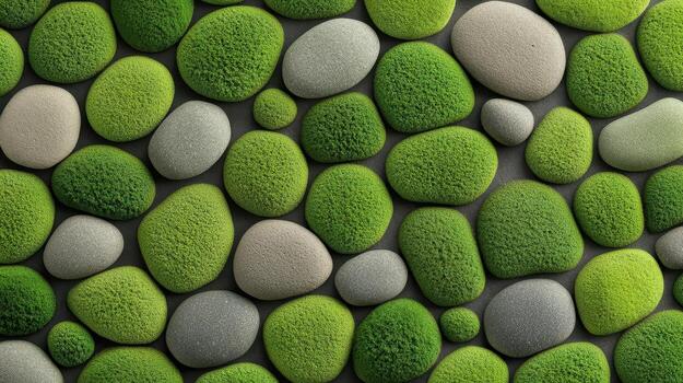 Pattern of smooth green mossy rocks and grey pebbles arranged closely together on a dark surface, natural organic texture. photo