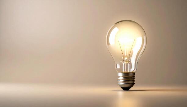 Glowing light bulb with warm filament is placed on smooth surface, emitting soft light in minimalistic setting, creating cozy and innovative atmosphere photo