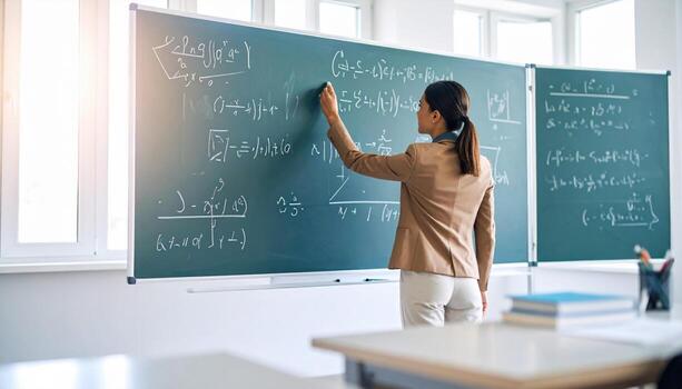 Woman in beige blazer and white pants writing mathematical equations on chalkboard in classroom with large windows, bright natural light, and stack of books on desk photo