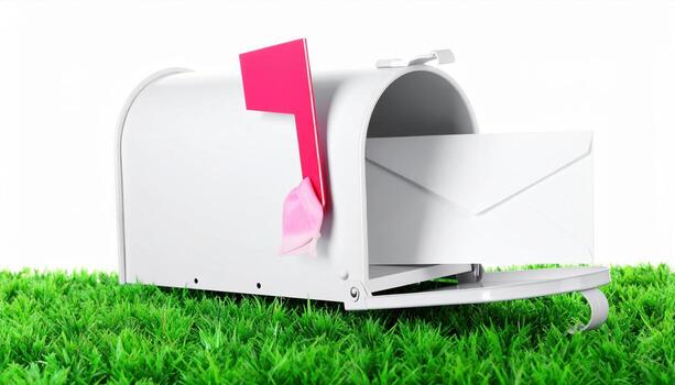 A mailbox with a pink ribbon and envelope on the grass photo