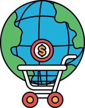A cart with a dollar sign on it is on a globe vector