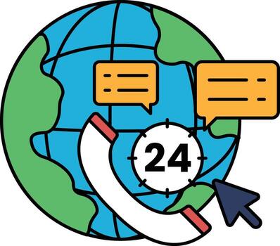 A globe with a phone on it and the time 24 vector
