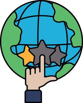 A hand pointing to a globe with three stars on it vector