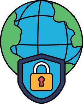 A black and white drawing of a globe with a lock on it vector