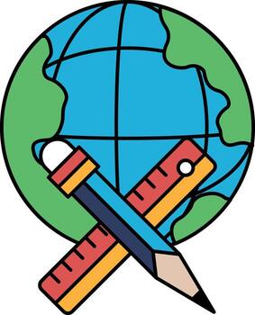 A pencil and ruler are drawn on a globe vector