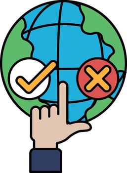 A hand pointing to a globe with a check mark on the left side vector