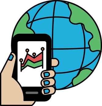 un mano participación un célula teléfono con un globo en el antecedentes vector