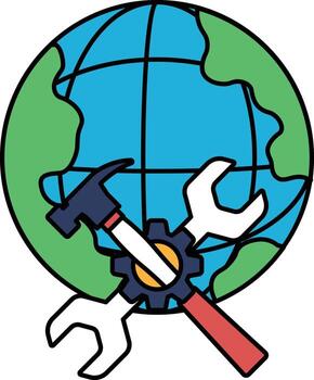 A black and white drawing of a globe with a hammer and wrench on it vector