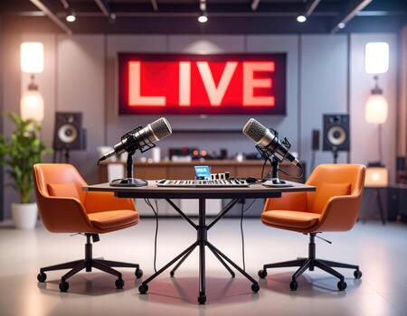Modern online radio studio featuring two microphones, control panel, and prominent LIVE sign background. space is designed for high fidelity audio production, creating inviting atmosphere photo