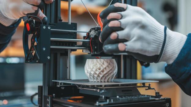 3D printing process with a close-up of hands operating a printer, white isolate background. photo
