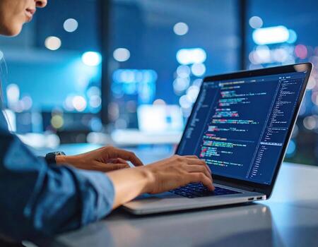 A person working on a laptop with code on it photo
