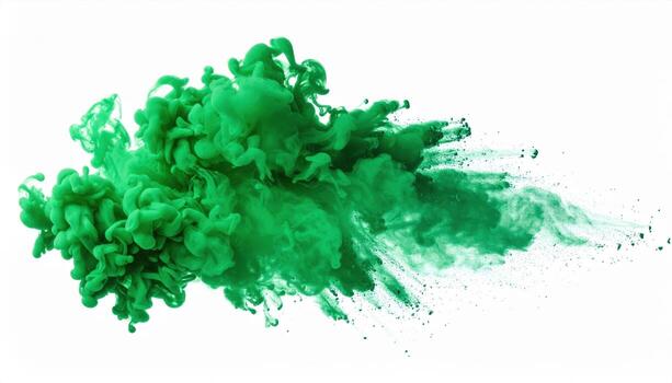 Vibrant burst of green smoke swirls and disperses against clean white background, creating striking visual effect that captivates viewer attention photo