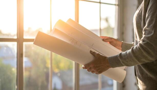 Person holding architectural blueprints or large technical drawings near window with sunlight streaming in, creating warm glow. scene suggests planning or designing work in bright, airy space photo