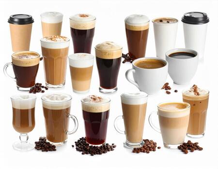 White backdrop hosts diverse array of coffee beverages, including steaming lattes, rich espressos, and creamy cappuccinos, creating warm and inviting atmosphere photo