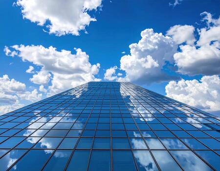 A building with a blue sky and clouds reflected in the glass photo