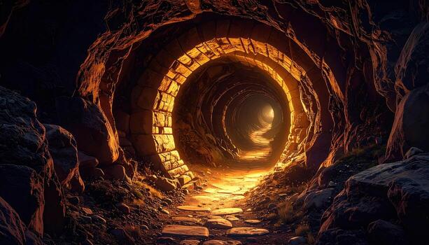 Winding, enigmatic passage with spiraling walls leading into darkness, illuminated by warm light, evokes sense of mystery photo