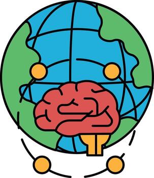 A brain is surrounded by a globe and people vector