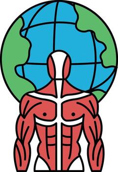 A man's body is drawn in black and white with a globe in the background vector