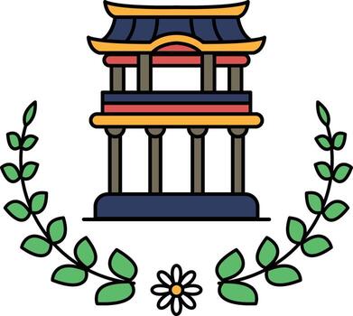 A building with a large archway and a flower in the middle vector