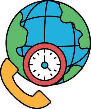 A clock is on a globe with a phone on the left side vector