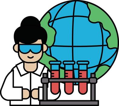 A man in a lab coat is working on a project with a globe in the background vector