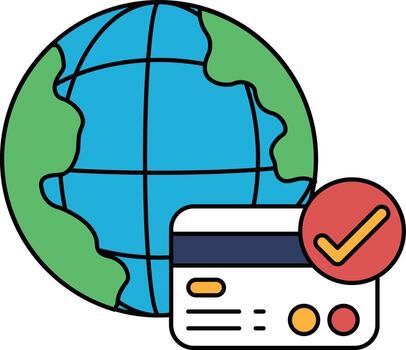 A check mark is on a credit card that is on a globe vector