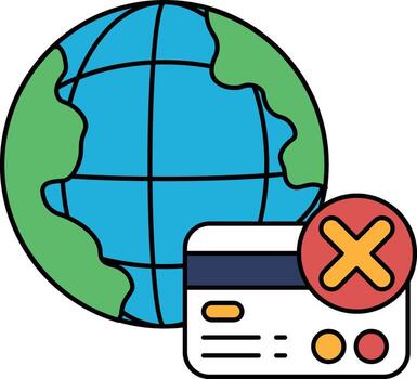 A black and white drawing of a globe with a credit card on it and an X on it vector