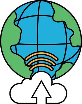 A black and white drawing of a globe with a cloud and an arrow pointing upwards vector