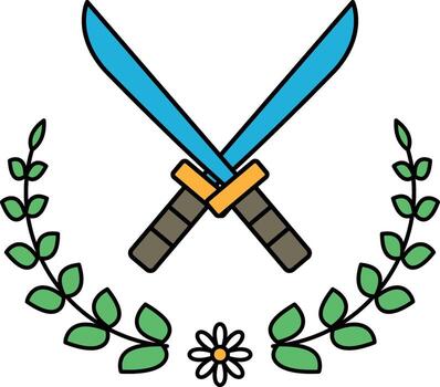 Two swords crossed over each other, with a leafy border surrounding them vector